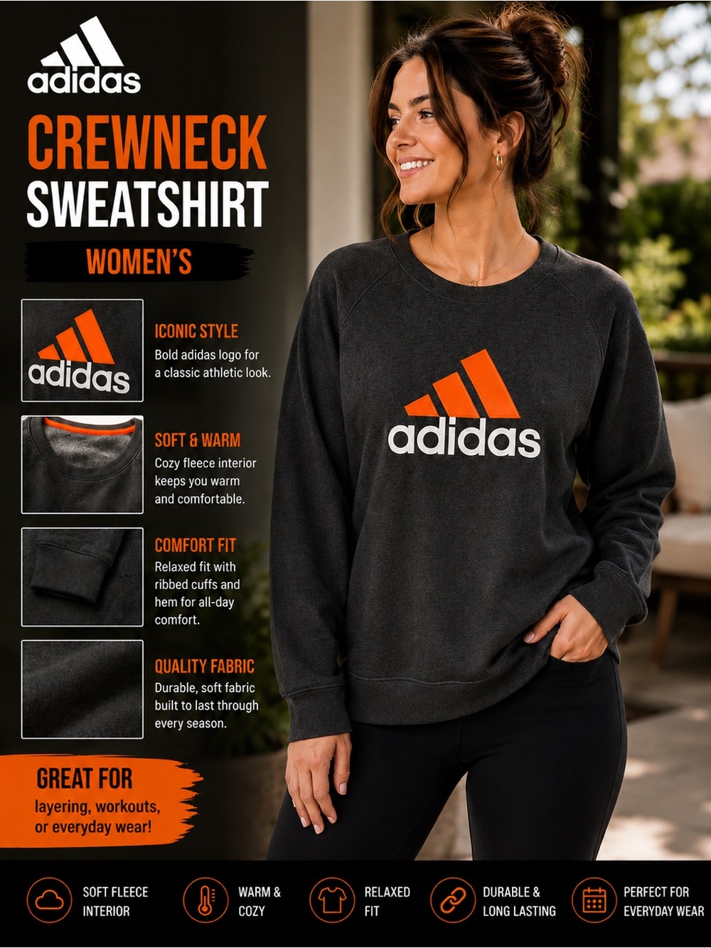 adidas Women's Black Crewneck Sweatshirt with Orange Logo